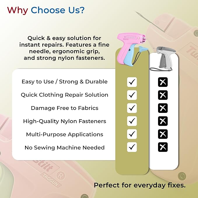 Stitch Gun for Clothes (Quick Fix Tool, Not a Sewing Machine), Handheld Clothing Tag Gun for Quick Clothing Repairs Includes 6 Needles, 1000 Black & 1000 White Fasteners (Pink & Blue)