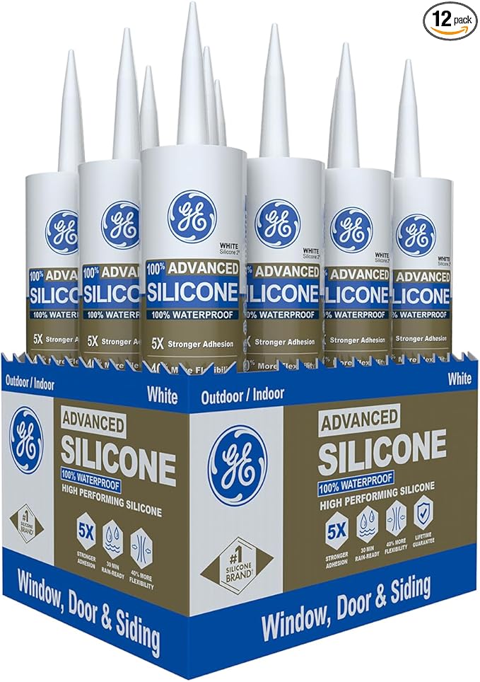 GE Advanced Silicone Caulk for Window & Door, White, 10 fl oz Cartridge, 12 Pack - 100% Waterproof Silicone Sealant, 5X Stronger Adhesion, Shrink & Crack Resistant