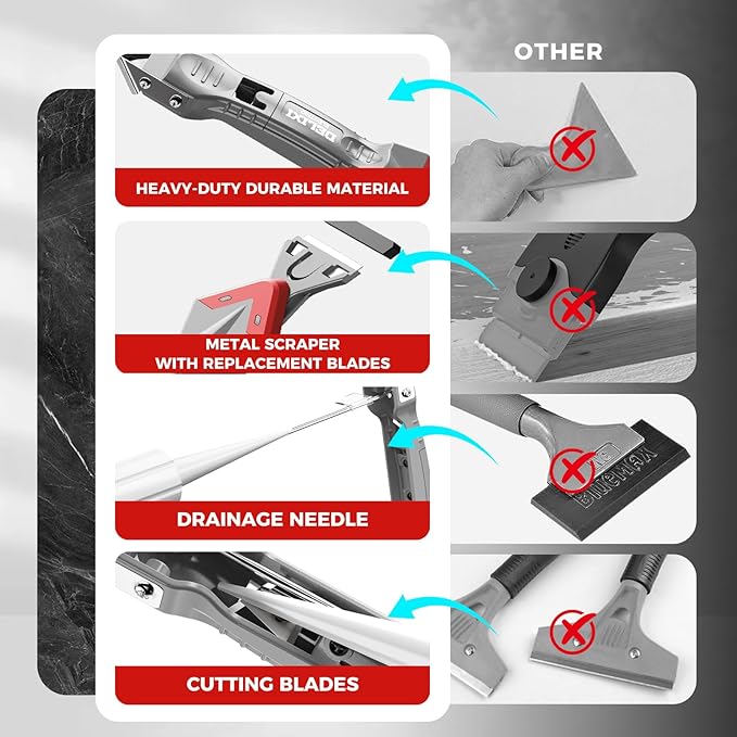 5 in 1 Caulking Tool with 5 Silicone Pads and 4 Glass Glue Corner Scrapers, Caulk Remover Tool with Replacement Blades and Unclogging Needle, Caulking Removal Tool for Kitchen Bathroom