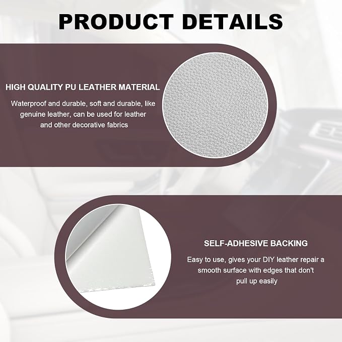 2 PCS Leather Repair Patch Tape, 4 x 8 Inch PU Vinyl Repair Patches for Car Upholstery Seat, Waterproof Self Adhesive Leather Tape Repair Kit for Furniture Couches Chairs (White)