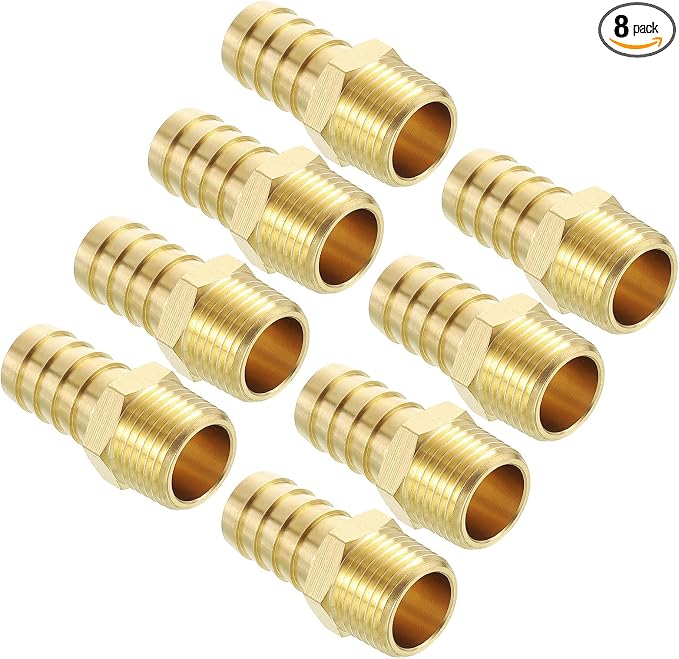 Pack of 8 Brass Hose Barb Fittings Adapter Connector 5/8" Hose Barb to 1/2" NPT Male Fittings for Home Machines, Massage Bathtubs, and Irrigation Systems