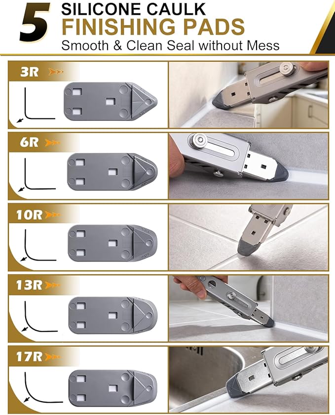Matework Caulking Tool, 6 in 1 Caulk Remover Tool, 100% Stainless Steel Sealant Finishing Tools with 5 Silicone Pads, Multi-Function Grout Removal Tool Kit for Bathroom, Shower, Kitchen, Window, Sink