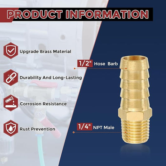 Pack of 4 Brass Hose Barb Fittings Adapter Connector 1/2" Hose Barb to 1/4" NPT Male Fittings for Home Machines, Massage Bathtubs, and Irrigation Systems