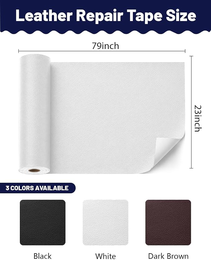 BOUYEER Leather Repair Patch Tape Kit,Self Adhesive Leather Repair for Sofa，Car Seat,Office Chair,Furniture,Jacket,Waterproof Strong Adhesive Vinyl Repair Kit. 23 in x 79 in,White