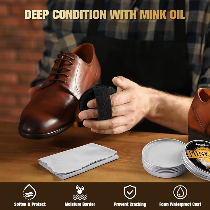 Leather Boot Care Kit, 7-in-1 Saddle Soap & Mink Oil for Leather Cleaning & Polish with 2 Horsehair Brush, Polishing Cloth, Microfiber Cloth, Leather Cleaner and Conditioner for Boots, Shoes, Couch