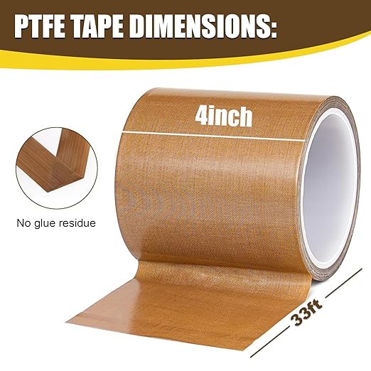 Teflone Glass Cloth Tape (4 inch x 33 Feet x 0.18mm), High Temperature PTFE Heat Resistant Adhesive Tape Non-Stick Surface for Vacuum Sealer Machine, Heat Press, Packaging, Electrical Use