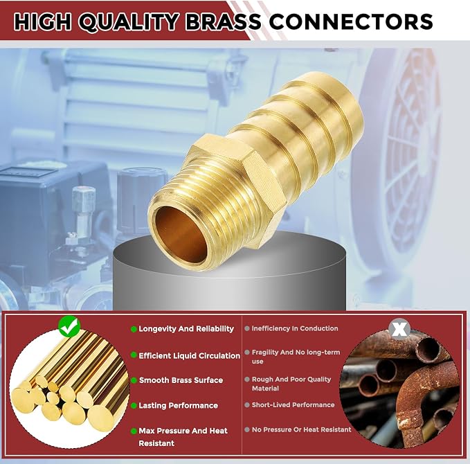 Pack of 8 Brass Hose Barb Fittings Adapter Connector 5/8" Hose Barb to 3/8" NPT Male Fittings for Home Machines, Massage Bathtubs, and Irrigation Systems