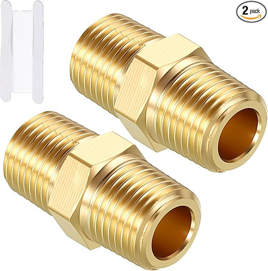 Packs of 2, 1/8" MNPT to 1/8" MNPT Solid Brass Hex Nipple Hose Connectors W/Sealing Tape, Male Pipe Adapter for Pipe Leak Repair, Bathroom Remodeling, Tool Extensions, Compression