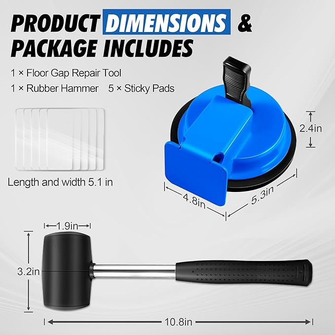 Floor Gap Fixer Tool with Rubber Mallet, Iron Body & Strong Suction Cup, Includes 5 Sticky Pads for Laminate, Vinyl, Wood & Tile Flooring Installation and Repair