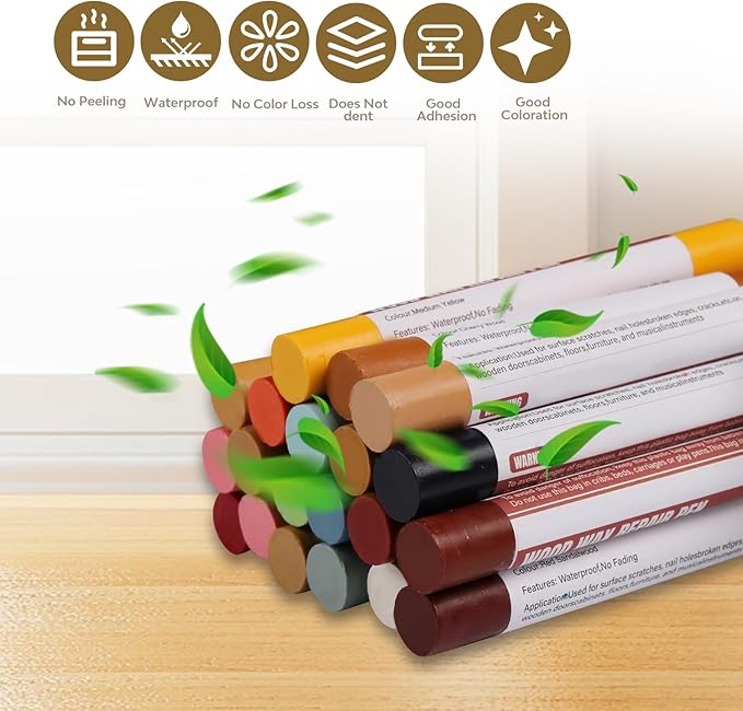 Wood Filler Sticks，20 Colors Wood Repair Wax Crayons Furniture Markers Touch up for Repairing Scratches, Scuffs, Cracks, Dings and Holes in Wood Floors, Cabinets, Furniture (Color Series)