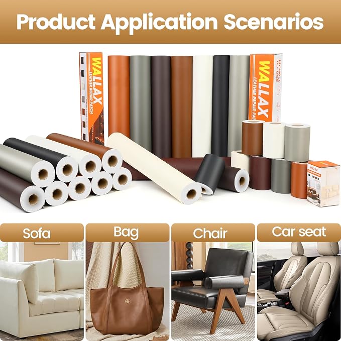 WALLAX Leather Repair Patch, 16 x 79 Inches Self Adhesive Leather Repair Tape for Furniture, Couch, Sofa, Car Seats, Office Chair, Car Interior, Upholstery, Vinyl Repair Kit (White)