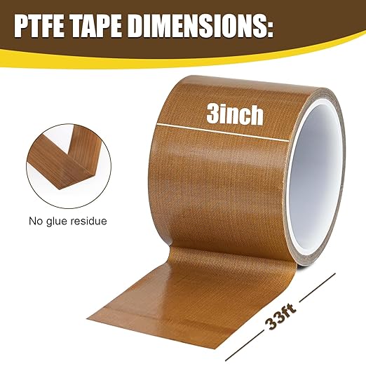 Teflone Glass Cloth Tape (3 inch x 33 Feet x 0.18mm), High Temperature PTFE Heat Resistant Adhesive Tape Non-Stick Surface for Vacuum Sealer Machine, Heat Press, Packaging, Electrical Use