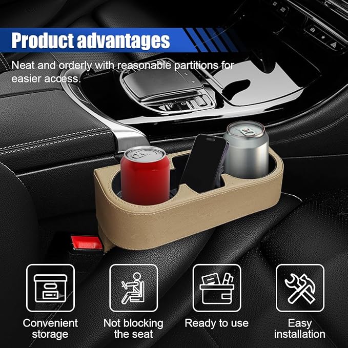 KITUREK Car Cup Holder, PU Leather Cover Auto Front Seat Organizer, Beige | Multifunctional Cup Drink Holder, Gap Filler Coin Bucket Storage Box, Console Side Pocket, Cell Mobile Phone Holder