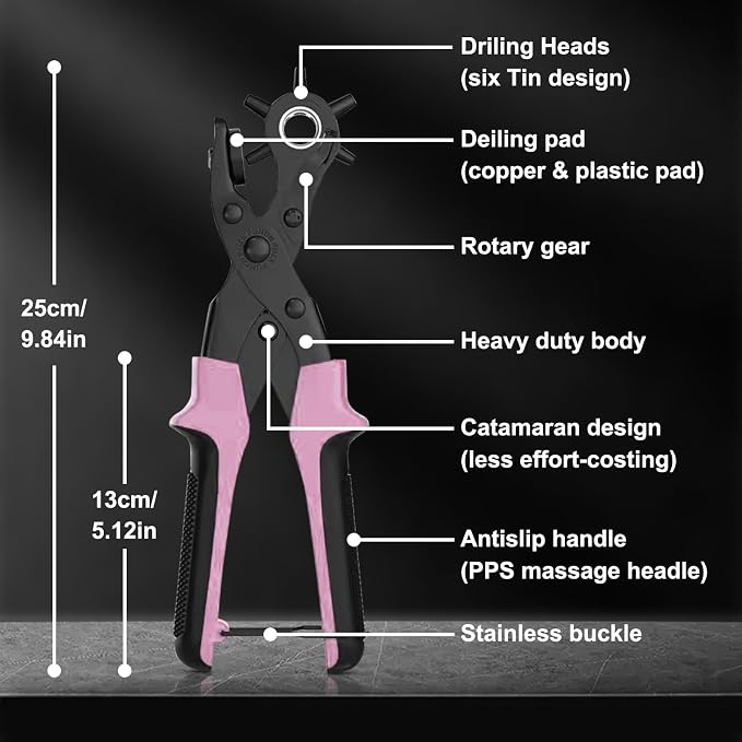 Leather Hole Punch Set, Diyife Revolving Punch Plier Kit, Multi Sized for Belt, Watch Band, Shoes, Crafting, Saddles, Handbag Straps, Fabric or DIY, Pink