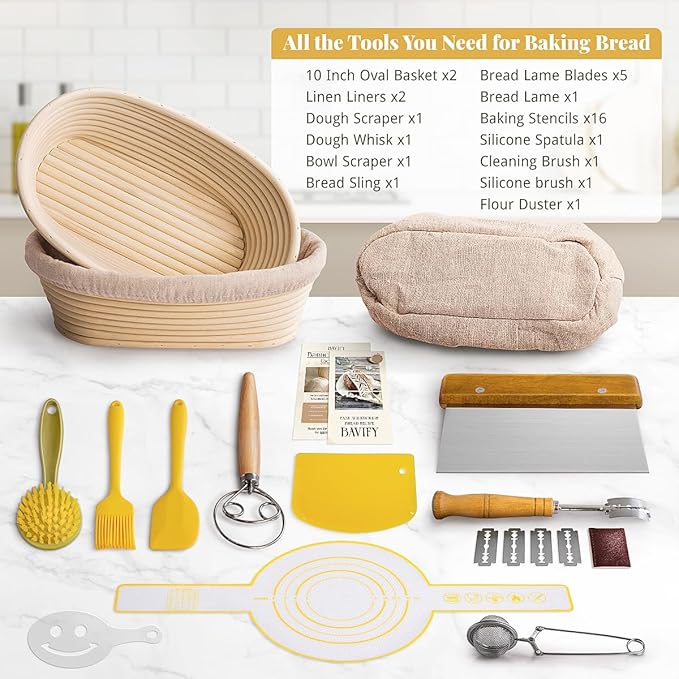 Sourdough Starter Kit, Banneton Bread Proofing Baskets Set, Sourdough Bread Baking Supplies Making Tools with Dough Scraper, Whisk, Bread Lame, Recipe