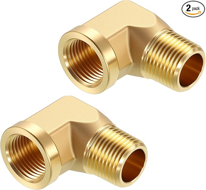 Pack of 2, 90° 3/8" NPT FeMale to 3/8" NPT Male Solid Brass Barstock Street Elbow, Forged Pipe Fitting for Pipe Leak Repair, Bathroom Remodeling, Tool Extensions, Compression