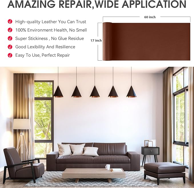 Leather Repair Patch Tape, 17x60 inch Large Self Adhesive Leather Repair,Vinyl Repair Patch Kit for Couches, Car Seats, Chairs, Furniture 17X60 inch, Brown