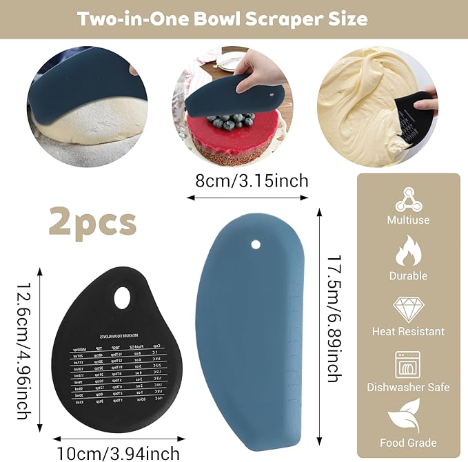 Dough Scraper Tool, 2Pcs Silicone Bowl Scraper Curved Edge Flexible Kitchen Pastry Scrapers for Bread, Cake, Batter, Cheese, Cream, Honey, Jam(Blue, Black)