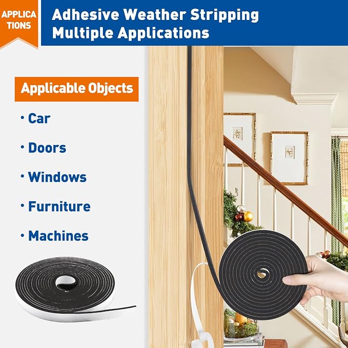 MAGZO Door Weather Stripping, 1/2 Inch W X 1/8 Inch T X 198 Ft Total Weatherstripping Foam Tape Soudproof for Windows 16.5 ft X 12 Rolls, Black