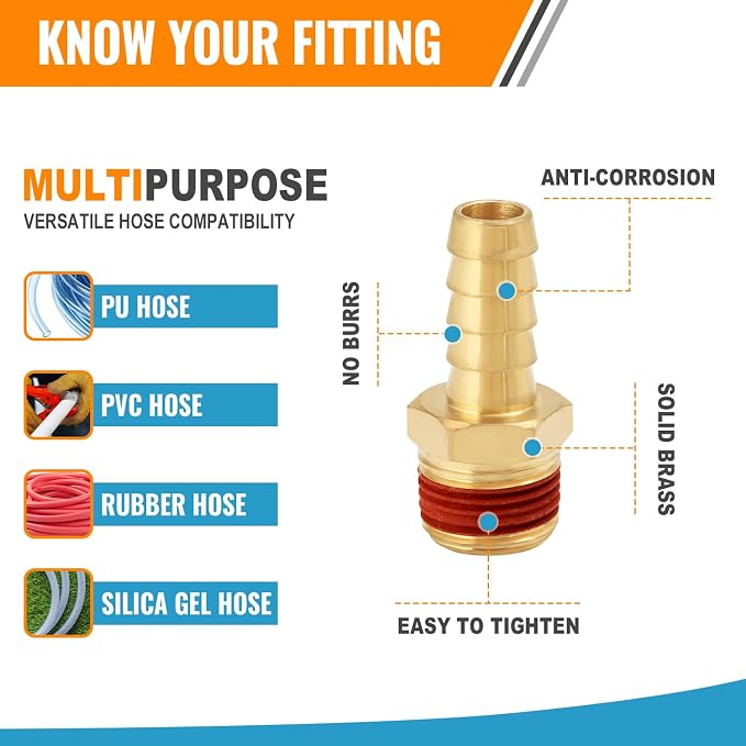 SUNGATOR 6-Pack Air Hose Fittings, 3/8" Barb to 1/4" NPT Air Hose Repair Kit with Sealant, 3/8" to 1/4" NPT Male Brass Fittings, Barbed Gas Line Repair Connectors with 6 Pcs Clamps