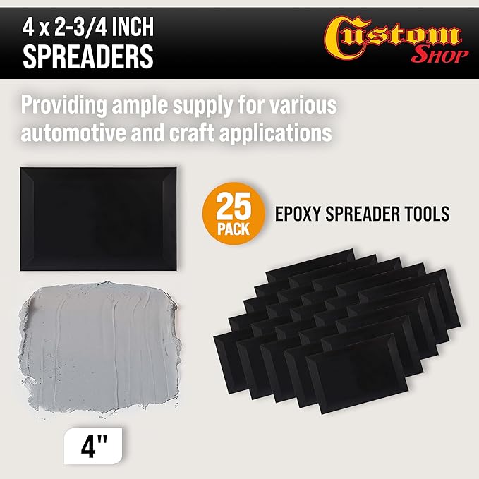 Custom Shop 4 x 2-3/4 Inch Plastic Body Filler Spreader Tools (25 Pack) for Automotive Body Fillers, Putties, Glazes, Epoxy Resin, Caulk, Glues - Double Sided Plastic Spreader Tool