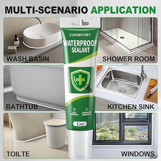 Silicone Caulk 5.3 Oz Squeeze Tube Waterproof Silicone Sealant for Kitchen Bathroom, Stronger Adhesion White Caulk for Window Toilet Sink Door Caulking Sealant with Tape and Scraper, 1 Pack