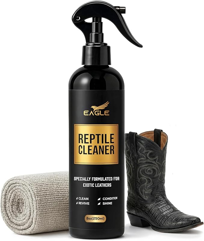 Exotic Leather Cleaner & Conditioner Spray – Cleans, Conditions & Protects Alligator, Crocodile, Snakeskin, Lizard, Ostrich & More – 8oz with Microfiber Cloth – Boots, Shoes, Bags, Belts