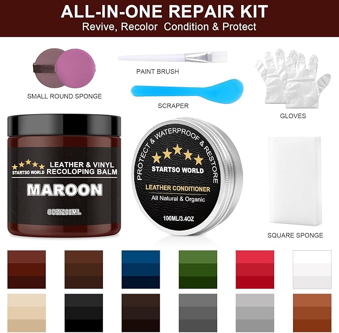 STARTSO WORLD 200Ml Leather Recoloring Balm with 100ML Leather Conditioner, Maroon Leather Repair Kit for Furniture, Leather Dye, Leather Scratch Repair, Leather Couch Paint