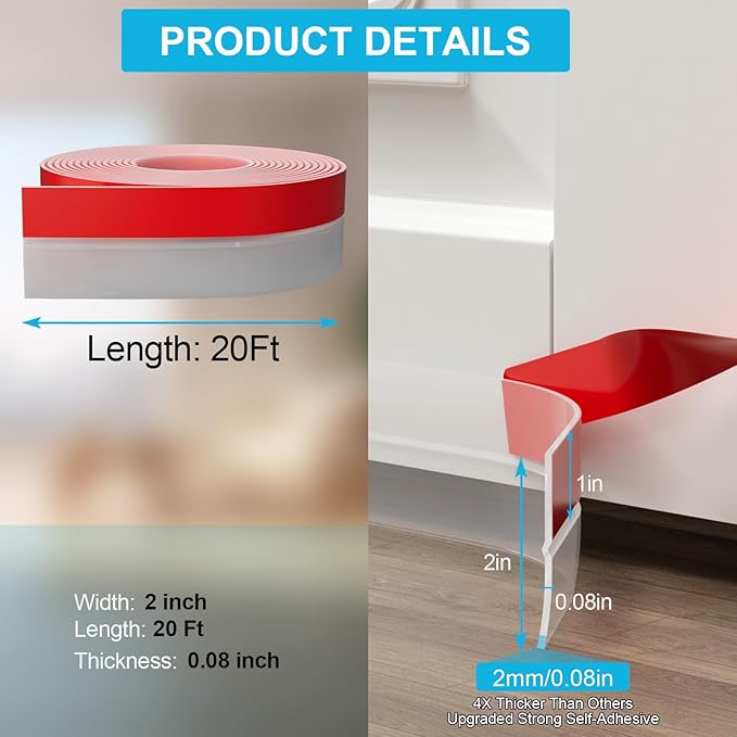 Best Door Weather Stripping Extra Thick 2mm Door Draft Stopper Silicone Seal Strip, Draft Seal Tape for Doors Windows and Shower Glass Gap 2 Inch(W) x 20 FT(L)