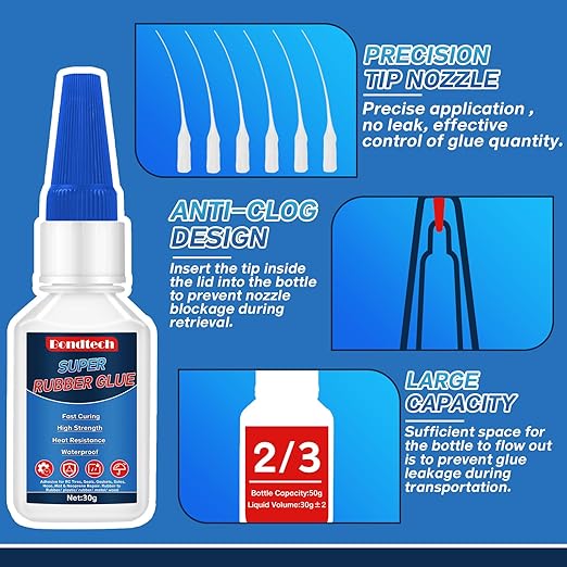 Rubber Glue 30 g, Super Glue for Rubber, Clear Instant Adhesive for Tire, Shoes, Belt, Soles, Hose, Mat & Neoprene Repair and More, Waterproof, Heat-Resistant (Clear, 30 Grams * 1 Pack, Rubber Glue)