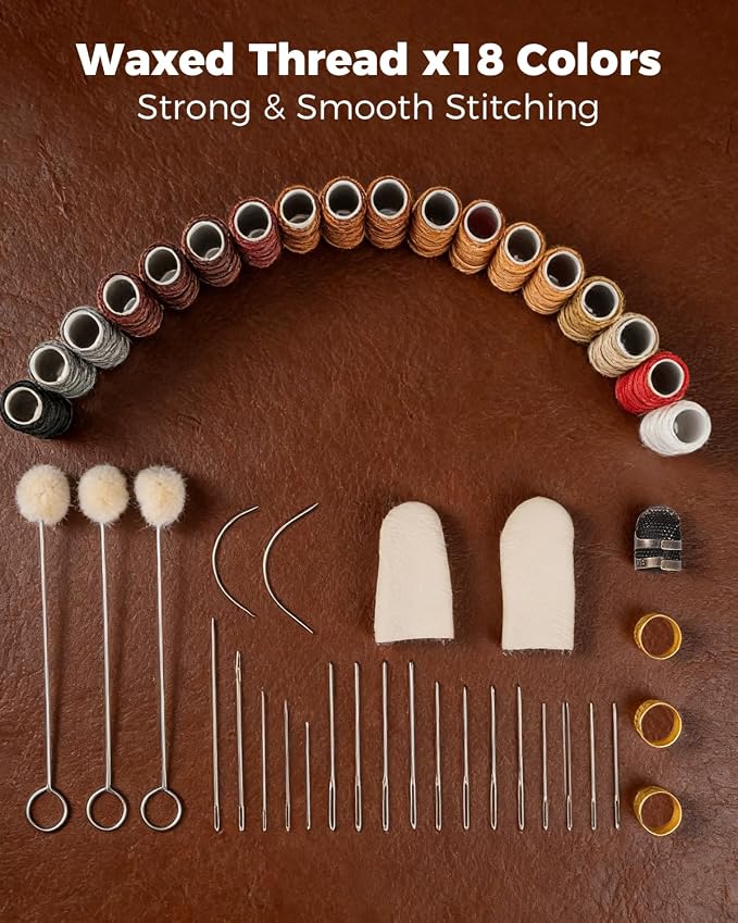 SakerNeo Leather Working Tools - 101pcs Stainless Steel & Wood Handle Sewing kit with 4mm Stitching chisels (1/2/4/6), 18 Waxed Thread, Hole Punch & Stamping Tools for DIY Wallet Belt Bag Repair