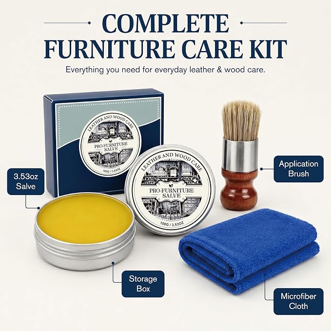 2PC Wood Repair & Furniture Salve - Leather Furniture Salve & Brush Set, Leather Couch Conditioner for Wood & Leather Conditioner, with Furniture Wax, Prevents Cracking & Fading