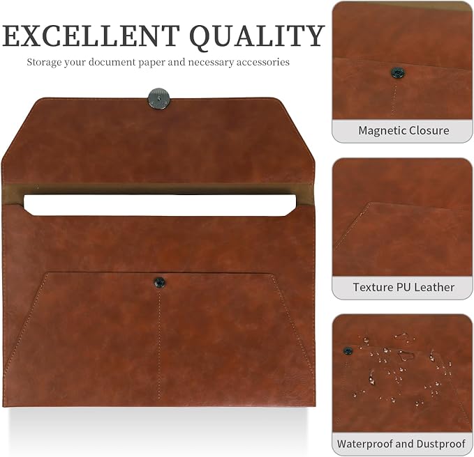 MultiBey PU Leather A4 Document Holder File Organizer with Snap Closure, Waterproof/Water‑Resistant A4 & Letter Size Envelope Folder 13 x 9.5 in - Holds up to 100 Sheets (Amber Brown)