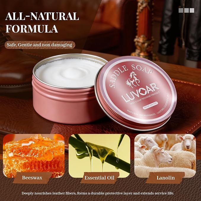 Saddle Soap for Leather 8oz - Premium Leather Cleaner & Conditioner to Clean, Soften, Protect Leather, Ideal for Saddles, Shoes, Couch, Car Seats, Purses & All Leather Products