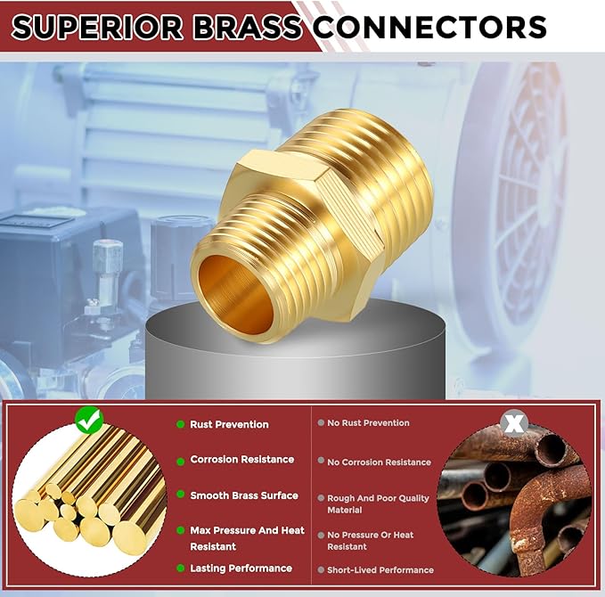 Pack of 4, 1/2" MNPT to 3/8" MNPT Solid Brass Hex Nipple Hose Connectors W/Sealing Tape, Male Pipe Adapter for Pipe Leak Repair, Bathroom Remodeling, Tool Extensions, Compression