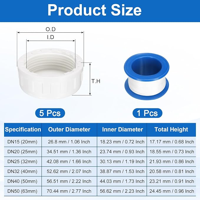 uxcell 5Pcs 1-1/4 Inch PT Female Thread PVC Pipe Fitting Cap, Cleanout Water Drain End Caps, Pipe Plug Socket Fittings with Tape for Water Heater Supply Lines, Plumbing, White