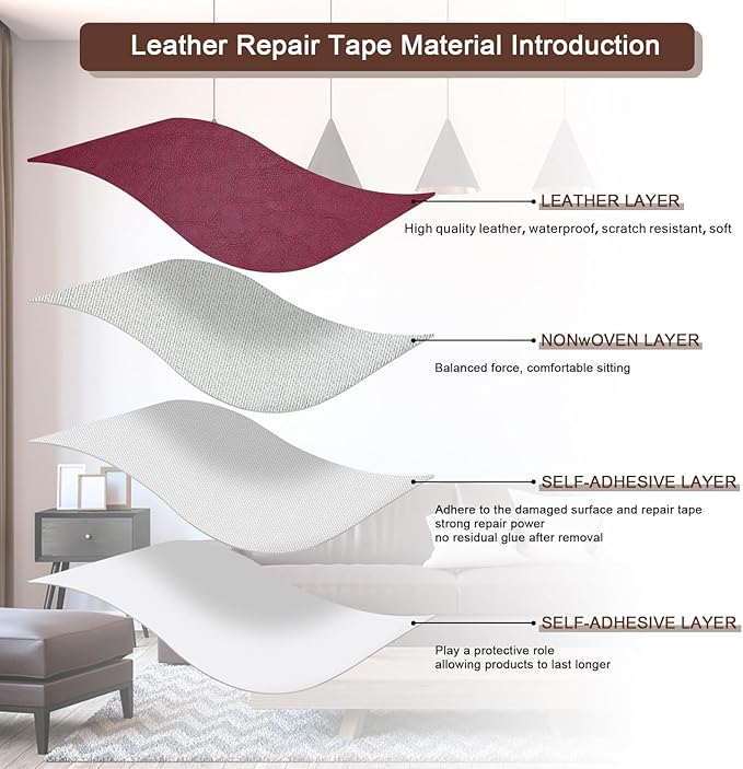 JDLUGH Sofa Leather Repair Patch Tape, Large Self Adhesive Couch, Car Seat, Office Chair, Leather Furniture, Vinyl Repair Patch Kit for Furniture (15x60 Inch, Red Wine)
