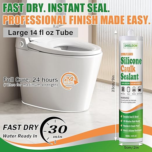 SHIELDOM Silicone Caulk for Kitchen & Bathroom, Clear Silicone Sealant 100% Waterproof Caulk & Seal with Caulking Tool Stronger Adhesion, Shrink & Crack Proof All Purpose for Window, Door & More 14 oz