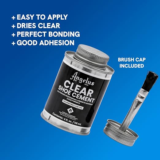 Angelus Clear Shoe Cement - 4 oz Professional-Strength Glue Quick Drying Contact Adhesive for Leather, Vinyl & Fabric - Dries Clear, No Stains, Waterproof Shoe & Sneaker Rubber Cement Glue with Brush