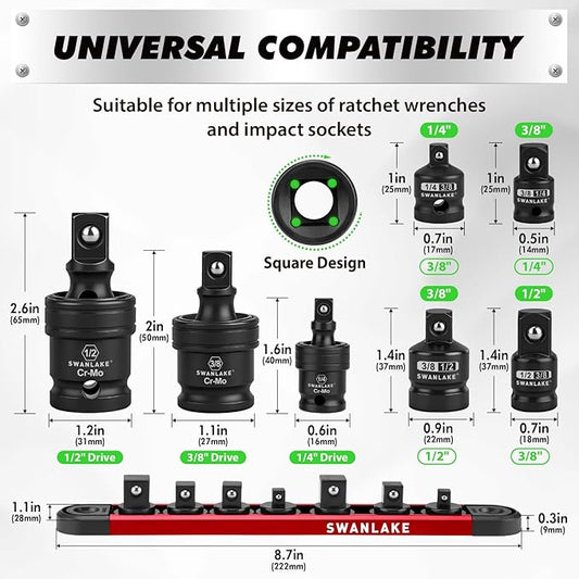 7-Piece Impact Swivel Socket Adapter Set, 1/4" 3/8" 1/2" Drive Universal Joint Socket Set CR-MO Steel, Wobble Joint Sockets Reducer with Magnetic Aluminum Sockets Rail