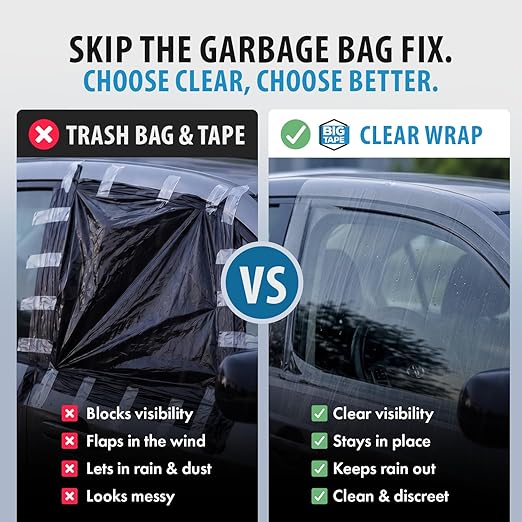 Big Tape Car Wrap – Regular 6ft x 17.5-inch Clear Tape Wrap for Car – Tacky Waterproof Film for Broken Car Window