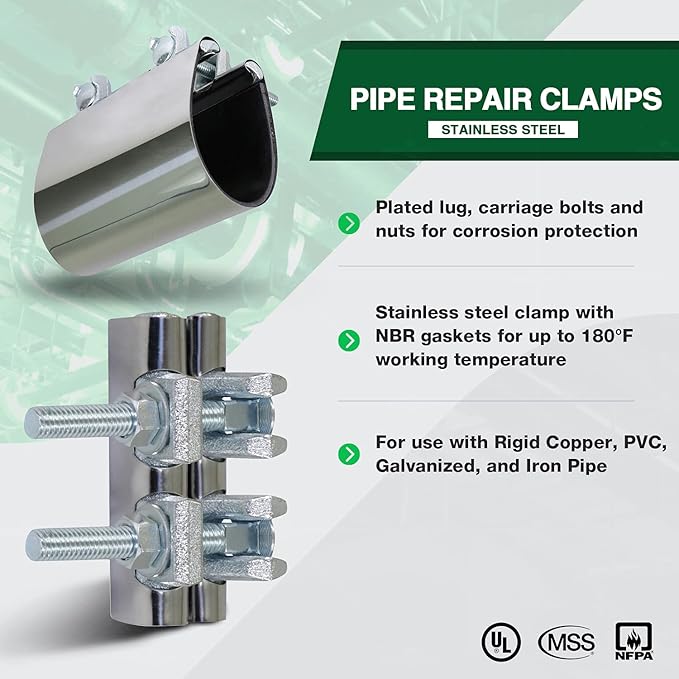 Highcraft Pipe Repair Clamp 4'', IPS Double Bolt, 6” Long, Stainless Steel (5 Pack)