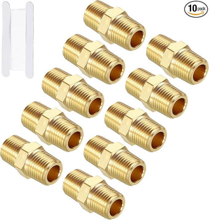 Pack of 10, 1/8" MNPT to 1/8" MNPT Solid Brass Hex Nipple Hose Connectors W/Sealing Tape, Male Pipe Adapter for Pipe Leak Repair, Bathroom Remodeling, Tool Extensions, Compression