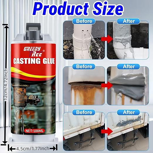 Casting Glue - High Strength Metal Repair Epoxy, Heat Resistant Waterproof Permanent Bond for Pipe Leaks, Cast Iron, Stainless Steel, Plastic & Automotive Repairs, with Mixing Nozzles