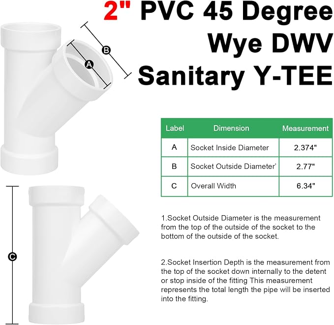2Pack 2" PVC 45 Degree Wye DWV Pipe Fittings (Socket x Socket x S) SCH40 PVC DWV Sanitary Y-TEE Pipe Fittings Connectors for Drain, Waste, Vent