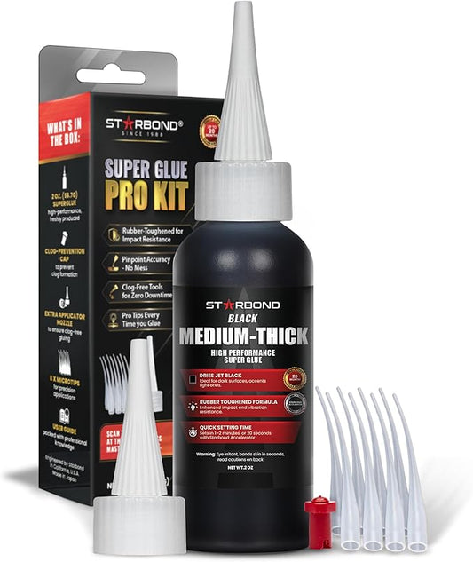 STARBOND Black Medium-Thick CA Glue Pro Kit (2 oz) – Rubber-Toughened, Impact-Resistant Cyanoacrylate Super Glue – for Durable Knot Filling, Crack Repair, Woodworking, Guitar, Hobby & RC Projects