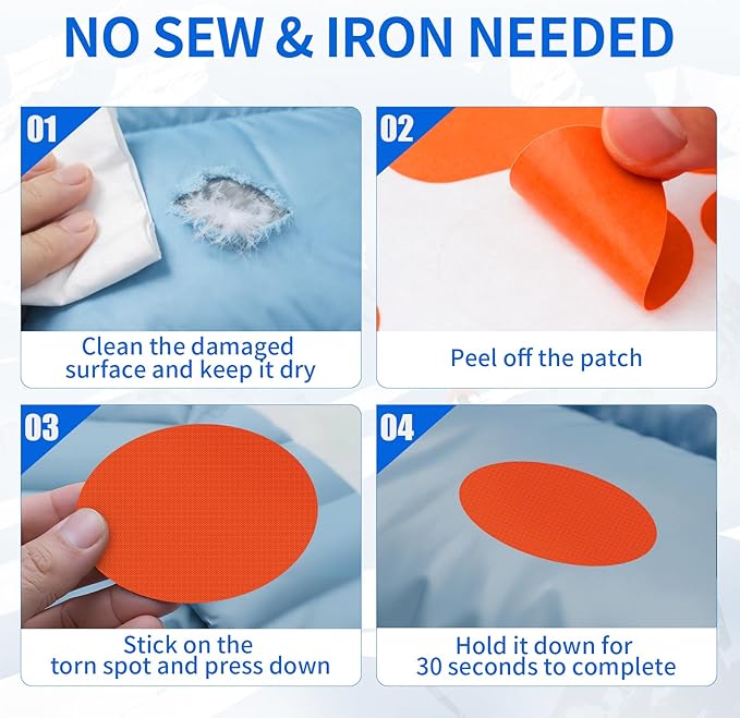 Waterproof Self-Adhesive Nylon Fabric Repair Tape - Tent Repair Kit,48pcs Fabric Patches for Tent, Jacket, Clothes, Puffer Down Jacket,Sleeping Bag, Outdoor Gear Tenacious Repairs Tape, Orange
