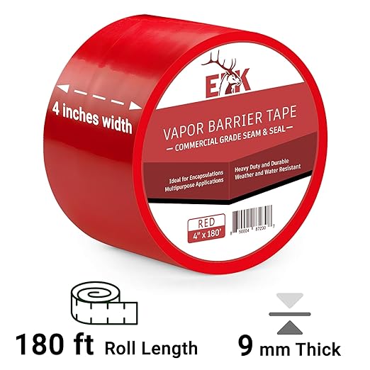ELK Vapor Barrier Tape - 4” x 180ft - PE 7mm Polyethylene Seam Tape - Moisture Barrier Seam & Seal for Crawlspace Encapsulations & Waterproof Marine Tape - Red