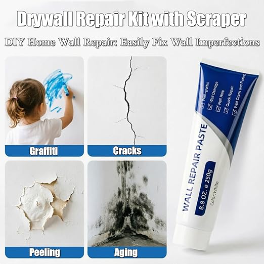 Drywall Repair Kit with Scraper, 2026 Upgrade Quick Drying Wall Mending Agent, Waterproof Wall Crack Filler Paste for Nail Holes, Cracks, Scratches & Graffiti, DIY Home Wall Repair Supplies(250g)