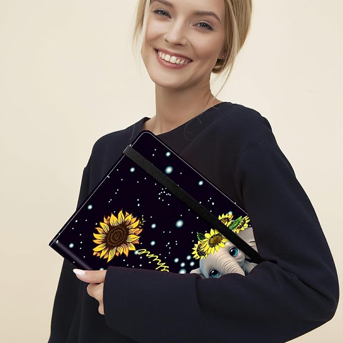 Padfolio Folder with Clipboard,Portfolios Organizer Clipboards with Storage Clipboard Writing Pad PU Leather Conference Document Organizer with Business Card Holder,Elephant Sunflower